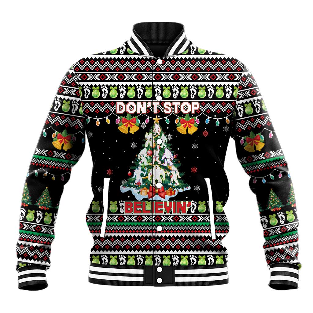 Christmas Unicorn Baseball Jacket with Don't Stop Believin Quote Tree Lights and Festive - Wonder Print Shop