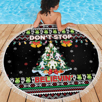 Christmas Unicorn Beach Blanket with Don't Stop Believin Quote Tree Lights and Festive - Wonder Print Shop