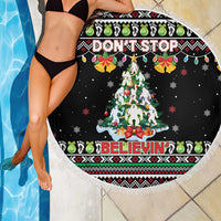 Christmas Unicorn Beach Blanket with Don't Stop Believin Quote Tree Lights and Festive - Wonder Print Shop