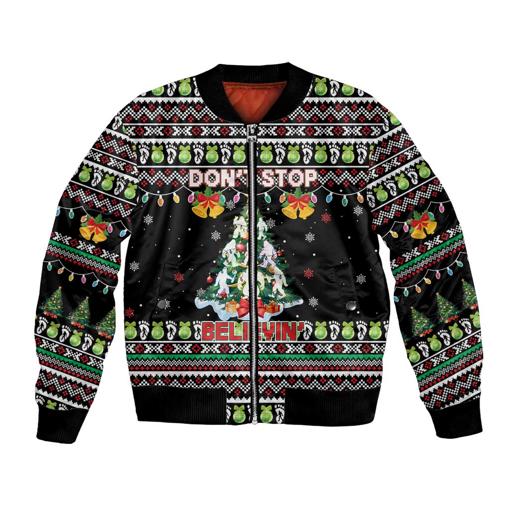 Christmas Unicorn Bomber Jacket with Don't Stop Believin Quote Tree Lights and Festive - Wonder Print Shop