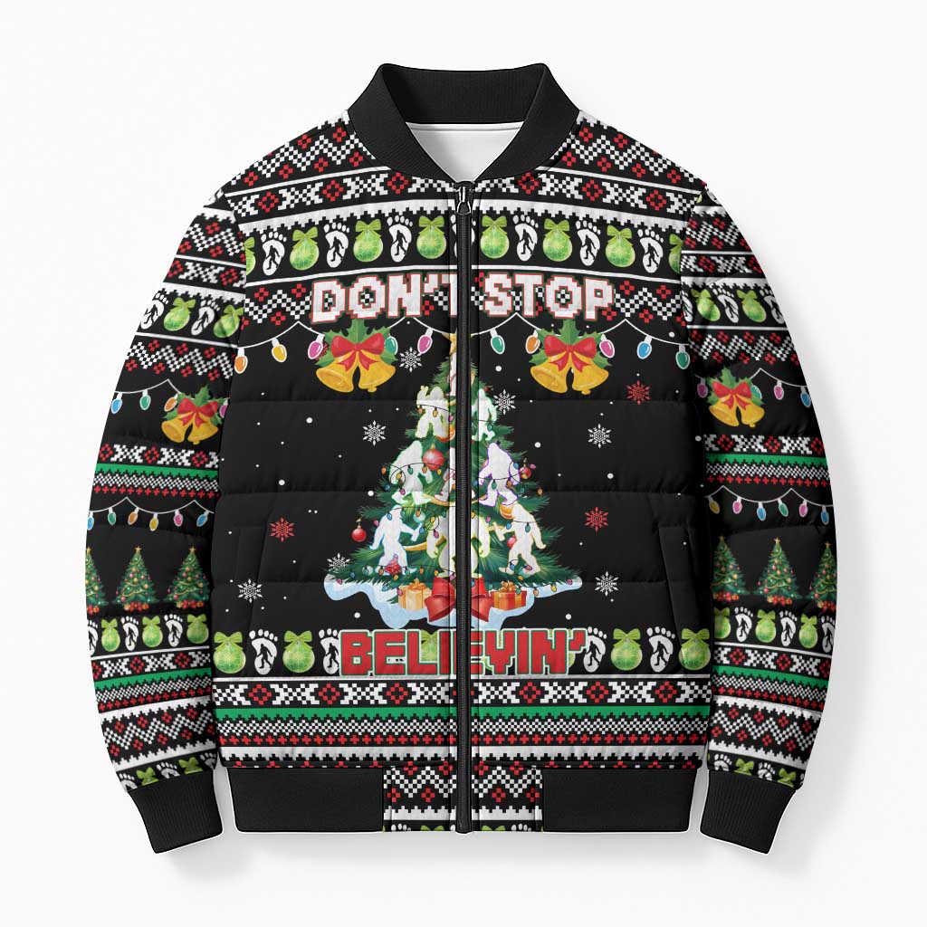 Christmas Unicorn Bomber Puffer Jacket with Don't Stop Believin Quote Tree Lights and Festive - Wonder Print Shop
