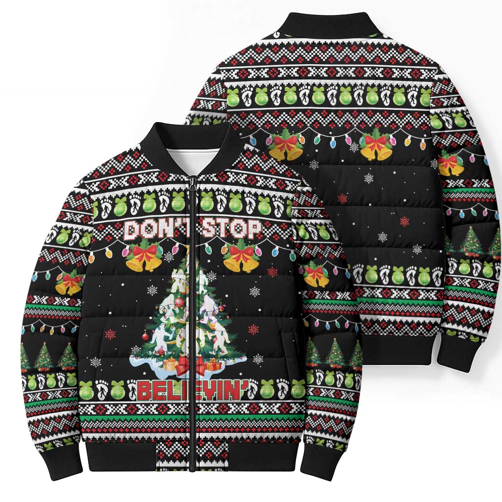 Christmas Unicorn Bomber Puffer Jacket with Don't Stop Believin Quote Tree Lights and Festive - Wonder Print Shop