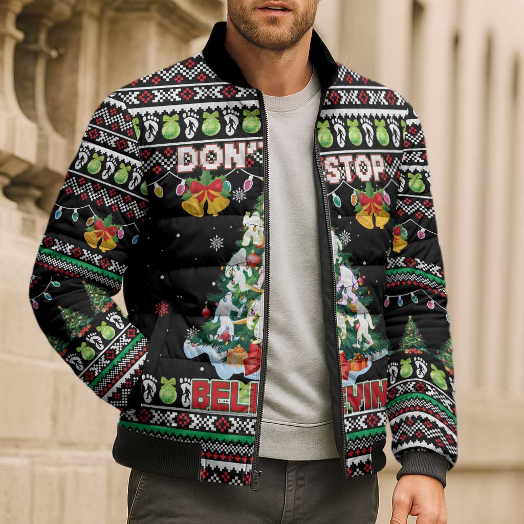 Christmas Unicorn Bomber Puffer Jacket with Don't Stop Believin Quote Tree Lights and Festive - Wonder Print Shop