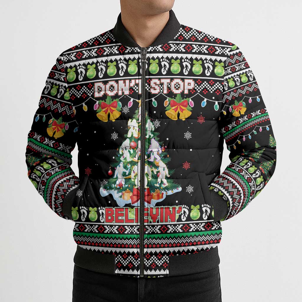 Christmas Unicorn Bomber Puffer Jacket with Don't Stop Believin Quote Tree Lights and Festive - Wonder Print Shop
