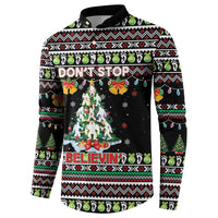 Christmas Unicorn Button Sweatshirt with Don't Stop Believin Quote Tree Lights and Festive - Wonder Print Shop