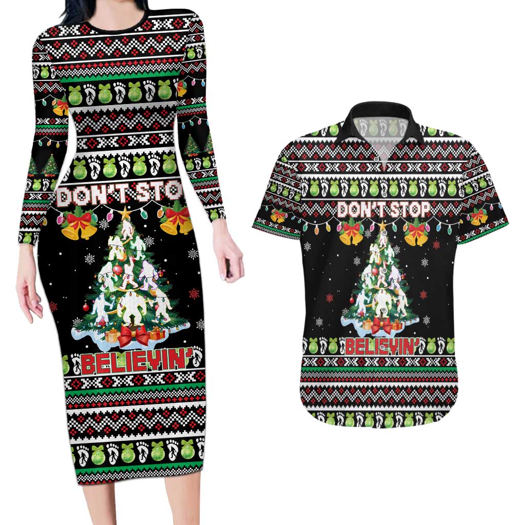 Christmas Unicorn Couples Matching Long Sleeve Bodycon Dress and Hawaiian Shirt with Don't Stop Believin Quote Tree Lights and Festive - Wonder Print Shop