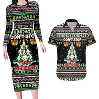 Christmas Unicorn Couples Matching Long Sleeve Bodycon Dress and Hawaiian Shirt with Don't Stop Believin Quote Tree Lights and Festive - Wonder Print Shop