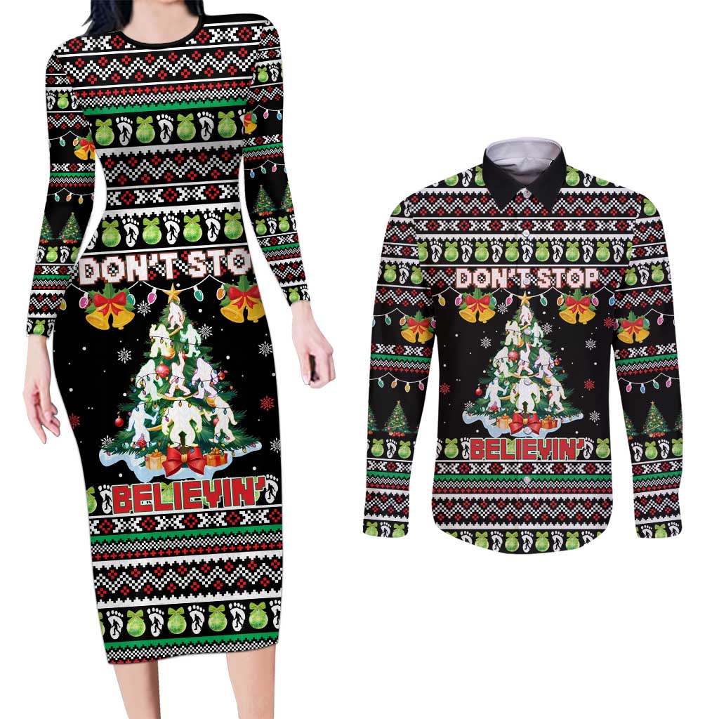 Christmas Unicorn Couples Matching Long Sleeve Bodycon Dress and Long Sleeve Button Shirt with Don't Stop Believin Quote Tree Lights and Festive - Wonder Print Shop