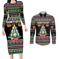 Christmas Unicorn Couples Matching Long Sleeve Bodycon Dress and Long Sleeve Button Shirt with Don't Stop Believin Quote Tree Lights and Festive - Wonder Print Shop