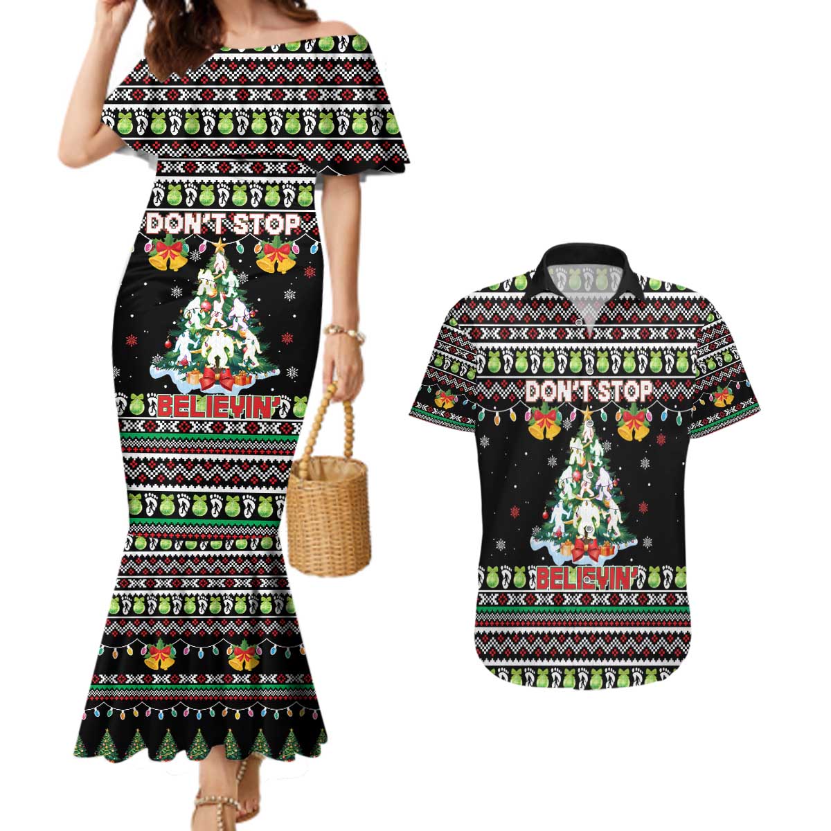 Christmas Unicorn Couples Matching Mermaid Dress and Hawaiian Shirt with Don't Stop Believin Quote Tree Lights and Festive - Wonder Print Shop