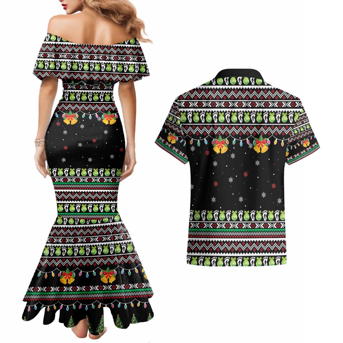 Christmas Unicorn Couples Matching Mermaid Dress and Hawaiian Shirt with Don't Stop Believin Quote Tree Lights and Festive - Wonder Print Shop