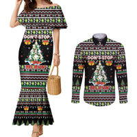 Christmas Unicorn Couples Matching Mermaid Dress and Long Sleeve Button Shirt with Don't Stop Believin Quote Tree Lights and Festive - Wonder Print Shop