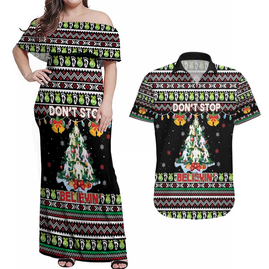 Christmas Unicorn Couples Matching Off Shoulder Maxi Dress and Hawaiian Shirt with Don't Stop Believin Quote Tree Lights and Festive - Wonder Print Shop