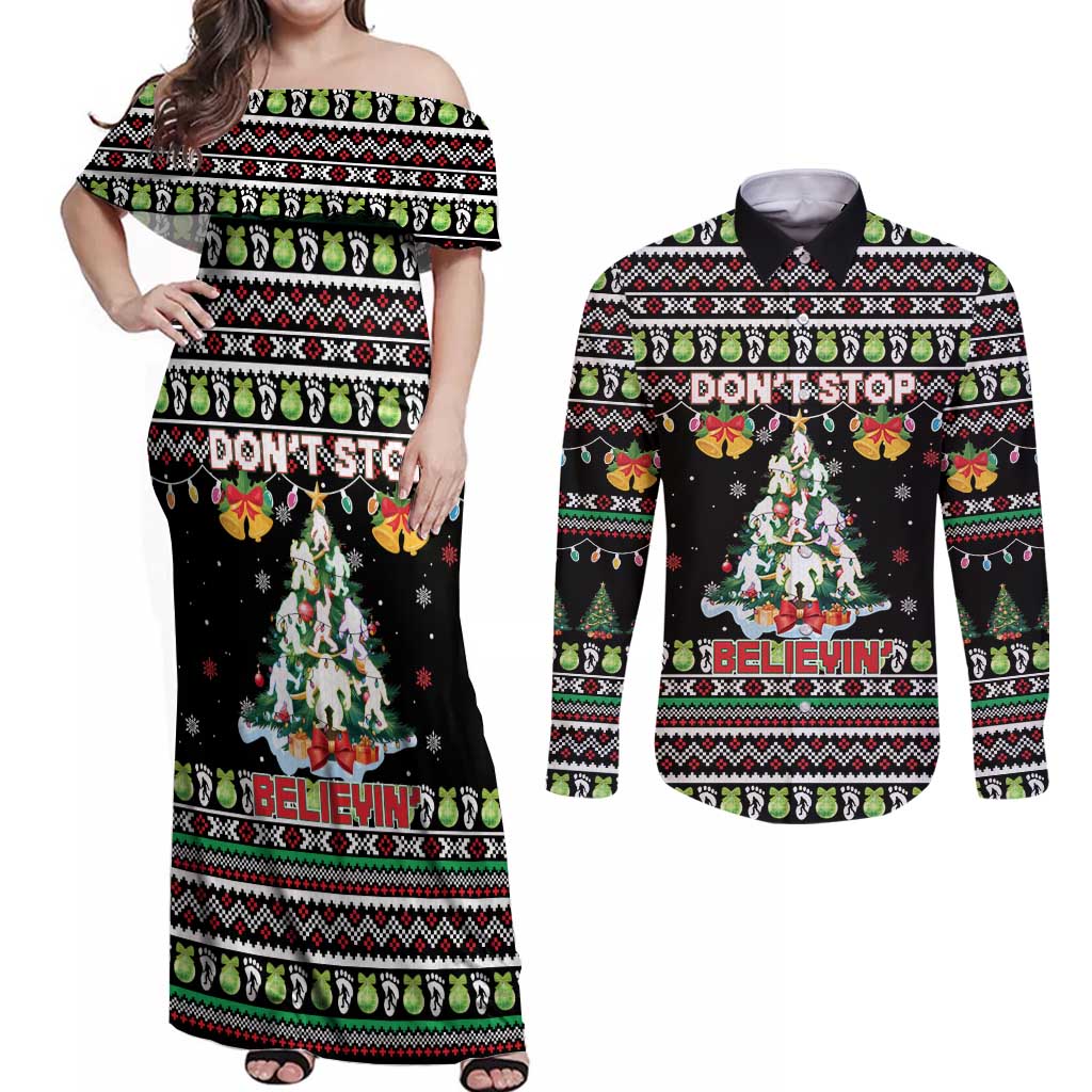 Christmas Unicorn Couples Matching Off Shoulder Maxi Dress and Long Sleeve Button Shirt with Don't Stop Believin Quote Tree Lights and Festive - Wonder Print Shop