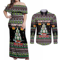 Christmas Unicorn Couples Matching Off Shoulder Maxi Dress and Long Sleeve Button Shirt with Don't Stop Believin Quote Tree Lights and Festive - Wonder Print Shop