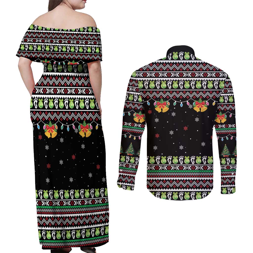 Christmas Unicorn Couples Matching Off Shoulder Maxi Dress and Long Sleeve Button Shirt with Don't Stop Believin Quote Tree Lights and Festive - Wonder Print Shop