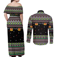 Christmas Unicorn Couples Matching Off Shoulder Maxi Dress and Long Sleeve Button Shirt with Don't Stop Believin Quote Tree Lights and Festive - Wonder Print Shop