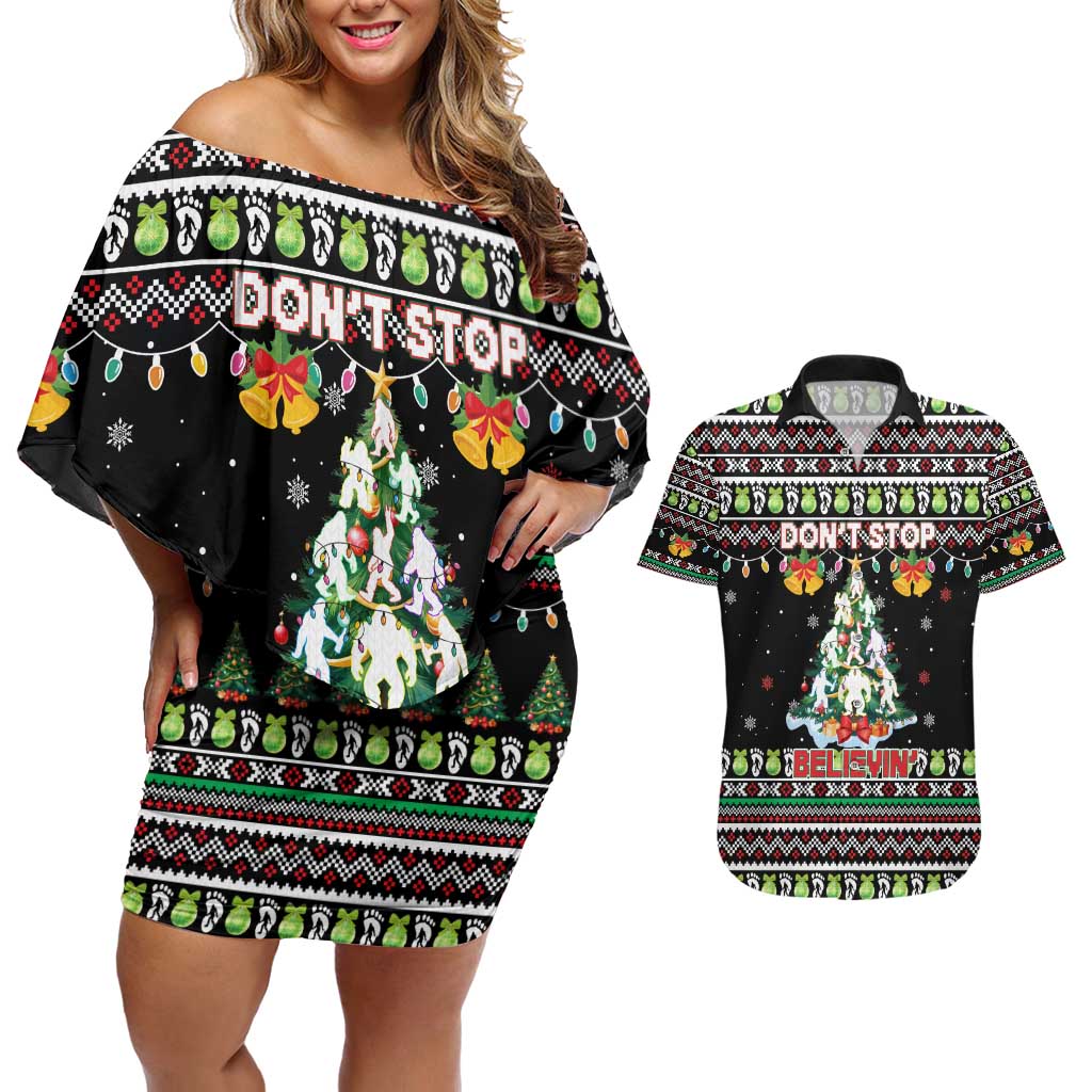 Christmas Unicorn Couples Matching Off Shoulder Short Dress and Hawaiian Shirt with Don't Stop Believin Quote Tree Lights and Festive - Wonder Print Shop