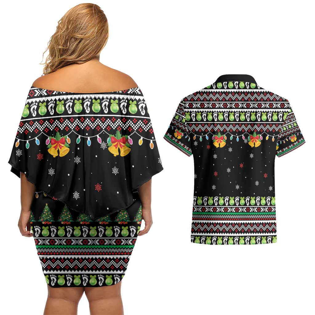 Christmas Unicorn Couples Matching Off Shoulder Short Dress and Hawaiian Shirt with Don't Stop Believin Quote Tree Lights and Festive - Wonder Print Shop