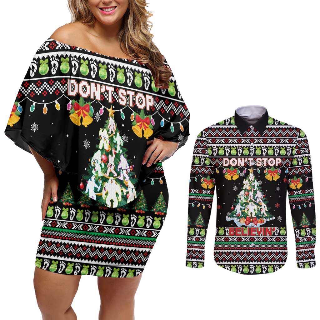 Christmas Unicorn Couples Matching Off Shoulder Short Dress and Long Sleeve Button Shirt with Don't Stop Believin Quote Tree Lights and Festive - Wonder Print Shop