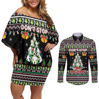 Christmas Unicorn Couples Matching Off Shoulder Short Dress and Long Sleeve Button Shirt with Don't Stop Believin Quote Tree Lights and Festive - Wonder Print Shop