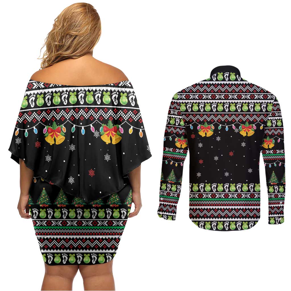 Christmas Unicorn Couples Matching Off Shoulder Short Dress and Long Sleeve Button Shirt with Don't Stop Believin Quote Tree Lights and Festive - Wonder Print Shop