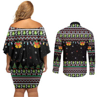 Christmas Unicorn Couples Matching Off Shoulder Short Dress and Long Sleeve Button Shirt with Don't Stop Believin Quote Tree Lights and Festive - Wonder Print Shop