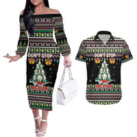 Christmas Unicorn Couples Matching Off The Shoulder Long Sleeve Dress and Hawaiian Shirt with Don't Stop Believin Quote Tree Lights and Festive - Wonder Print Shop