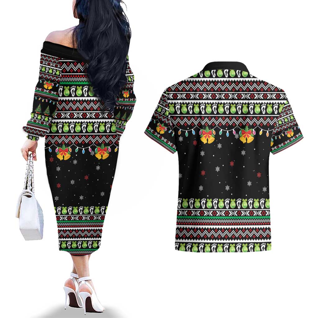 Christmas Unicorn Couples Matching Off The Shoulder Long Sleeve Dress and Hawaiian Shirt with Don't Stop Believin Quote Tree Lights and Festive - Wonder Print Shop