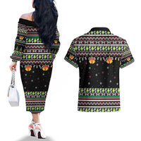 Christmas Unicorn Couples Matching Off The Shoulder Long Sleeve Dress and Hawaiian Shirt with Don't Stop Believin Quote Tree Lights and Festive - Wonder Print Shop