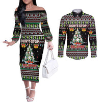 Christmas Unicorn Couples Matching Off The Shoulder Long Sleeve Dress and Long Sleeve Button Shirt with Don't Stop Believin Quote Tree Lights and Festive - Wonder Print Shop