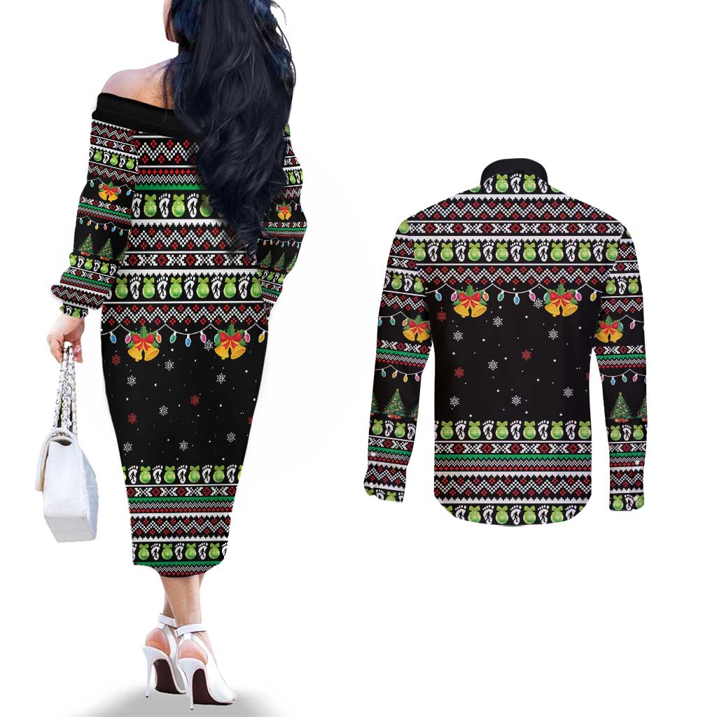 Christmas Unicorn Couples Matching Off The Shoulder Long Sleeve Dress and Long Sleeve Button Shirt with Don't Stop Believin Quote Tree Lights and Festive - Wonder Print Shop