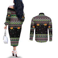 Christmas Unicorn Couples Matching Off The Shoulder Long Sleeve Dress and Long Sleeve Button Shirt with Don't Stop Believin Quote Tree Lights and Festive - Wonder Print Shop