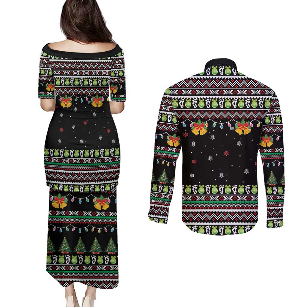 Christmas Unicorn Couples Matching Puletasi and Long Sleeve Button Shirt with Don't Stop Believin Quote Tree Lights and Festive - Wonder Print Shop