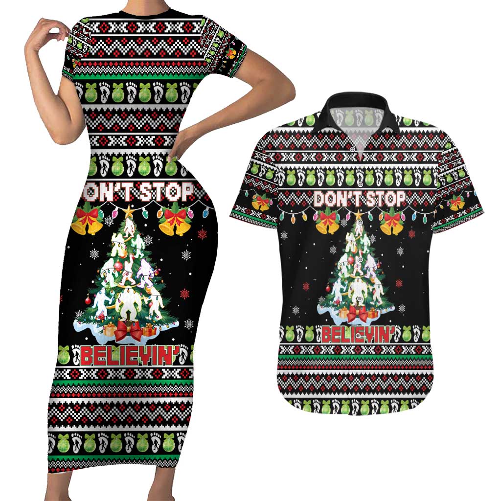 Christmas Unicorn Couples Matching Short Sleeve Bodycon Dress and Hawaiian Shirt with Don't Stop Believin Quote Tree Lights and Festive - Wonder Print Shop