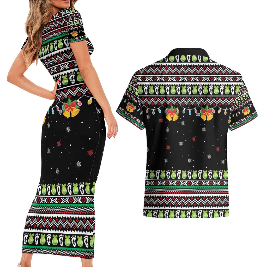 Christmas Unicorn Couples Matching Short Sleeve Bodycon Dress and Hawaiian Shirt with Don't Stop Believin Quote Tree Lights and Festive - Wonder Print Shop
