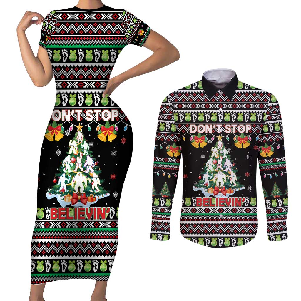 Christmas Unicorn Couples Matching Short Sleeve Bodycon Dress and Long Sleeve Button Shirt with Don't Stop Believin Quote Tree Lights and Festive - Wonder Print Shop