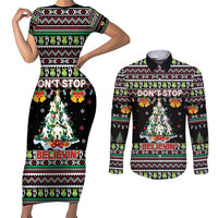 Christmas Unicorn Couples Matching Short Sleeve Bodycon Dress and Long Sleeve Button Shirt with Don't Stop Believin Quote Tree Lights and Festive - Wonder Print Shop