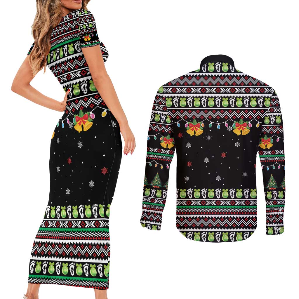Christmas Unicorn Couples Matching Short Sleeve Bodycon Dress and Long Sleeve Button Shirt with Don't Stop Believin Quote Tree Lights and Festive - Wonder Print Shop