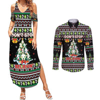 Christmas Unicorn Couples Matching Summer Maxi Dress and Long Sleeve Button Shirt with Don't Stop Believin Quote Tree Lights and Festive - Wonder Print Shop