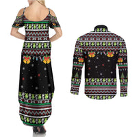 Christmas Unicorn Couples Matching Summer Maxi Dress and Long Sleeve Button Shirt with Don't Stop Believin Quote Tree Lights and Festive - Wonder Print Shop