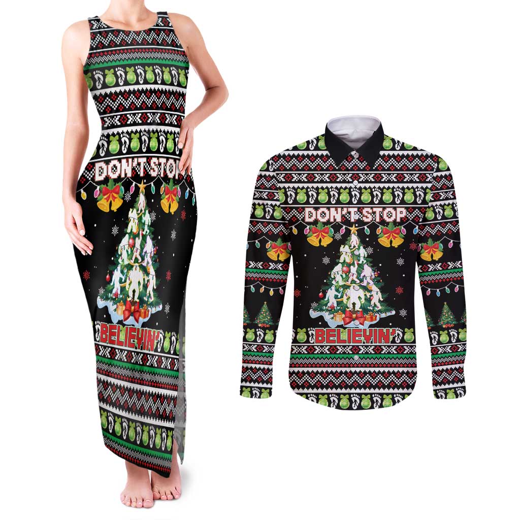 Christmas Unicorn Couples Matching Tank Maxi Dress and Long Sleeve Button Shirt with Don't Stop Believin Quote Tree Lights and Festive - Wonder Print Shop
