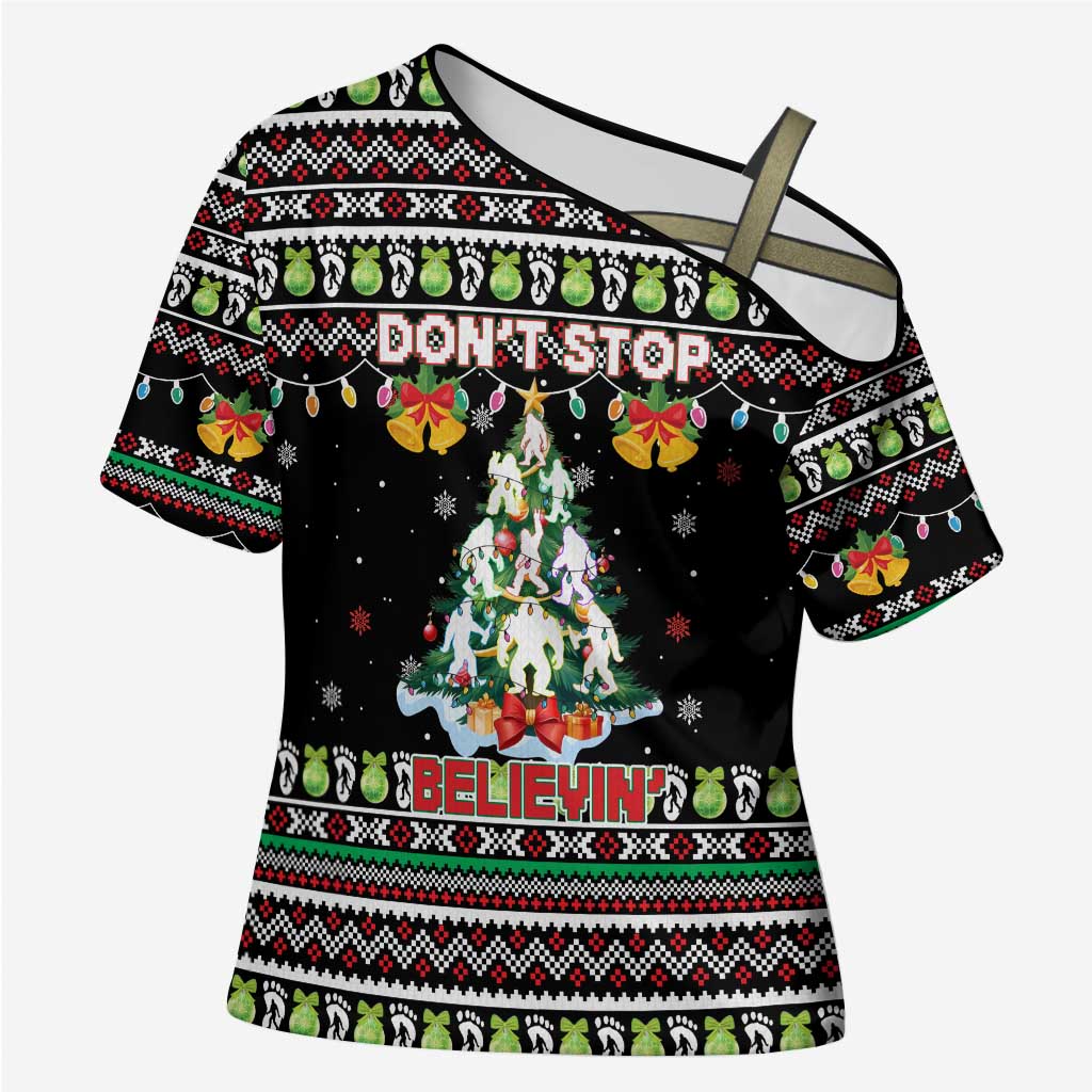 Christmas Unicorn Cross Shoulder Shirt with Don't Stop Believin Quote Tree Lights and Festive - Wonder Print Shop