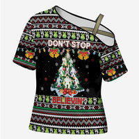 Christmas Unicorn Cross Shoulder Shirt with Don't Stop Believin Quote Tree Lights and Festive - Wonder Print Shop