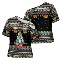 Christmas Unicorn Cross Shoulder Shirt with Don't Stop Believin Quote Tree Lights and Festive - Wonder Print Shop