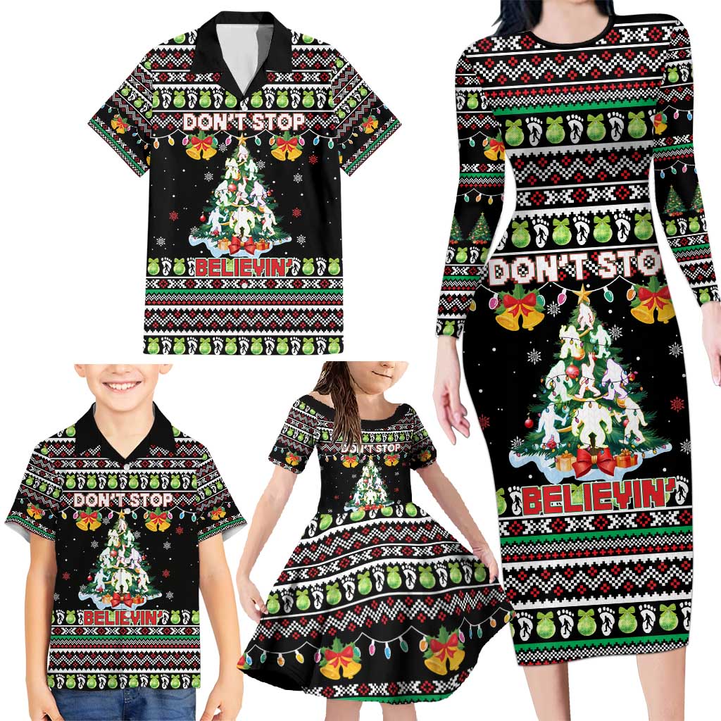 Christmas Unicorn Family Matching Long Sleeve Bodycon Dress and Hawaiian Shirt with Don't Stop Believin Quote Tree Lights and Festive - Wonder Print Shop