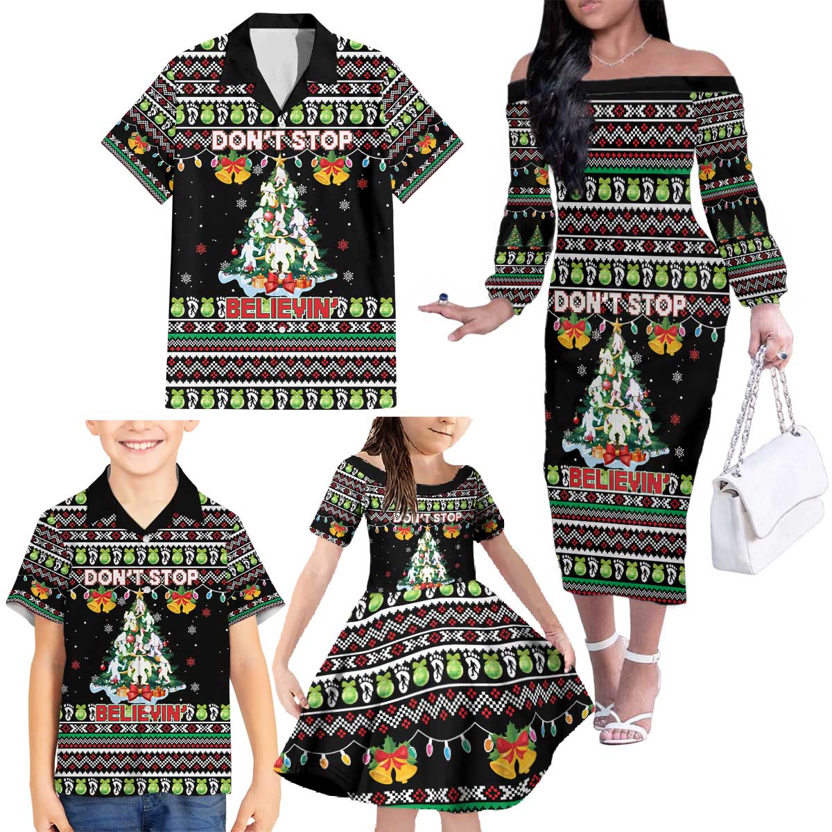 Christmas Unicorn Family Matching Off The Shoulder Long Sleeve Dress and Hawaiian Shirt with Don't Stop Believin Quote Tree Lights and Festive - Wonder Print Shop