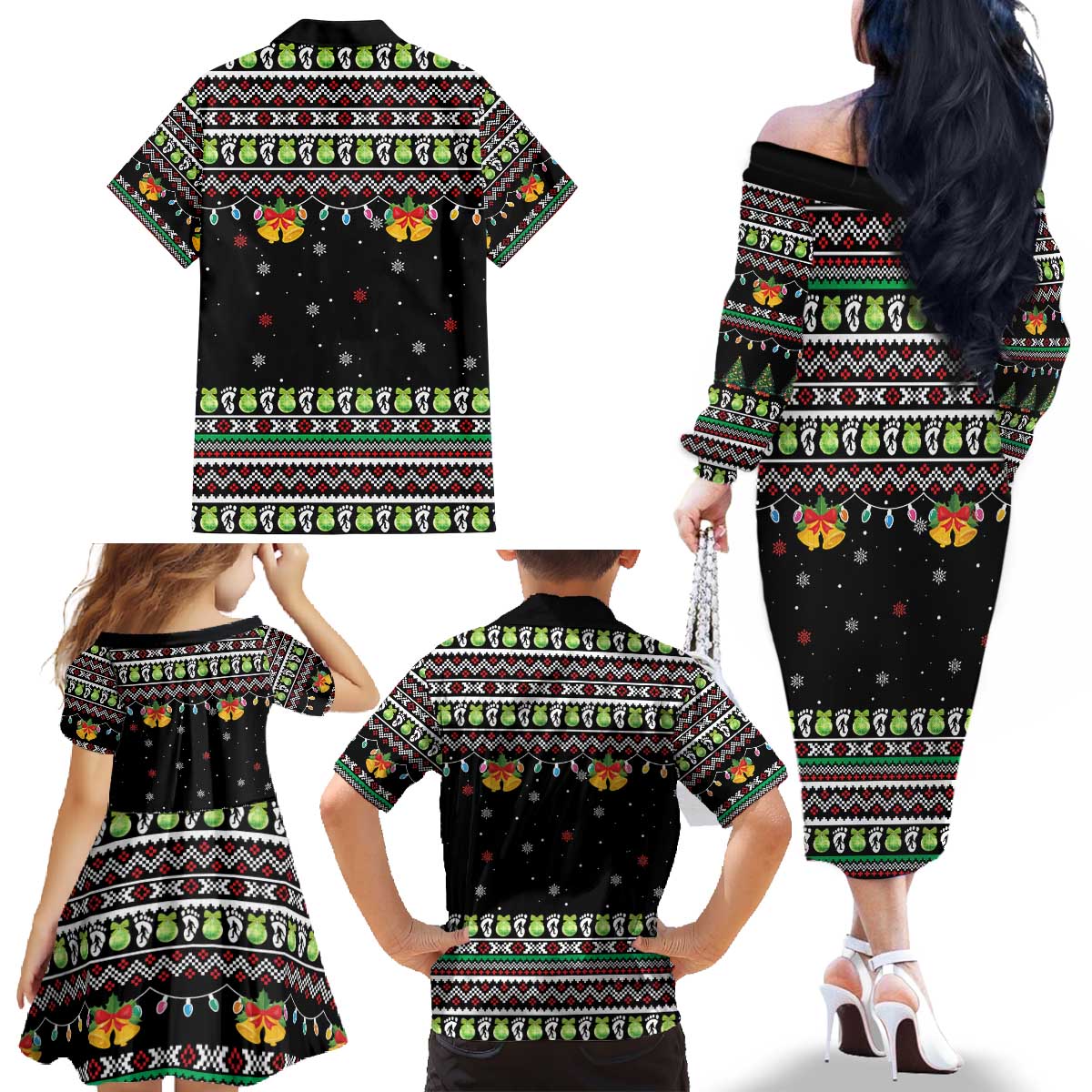 Christmas Unicorn Family Matching Off The Shoulder Long Sleeve Dress and Hawaiian Shirt with Don't Stop Believin Quote Tree Lights and Festive - Wonder Print Shop