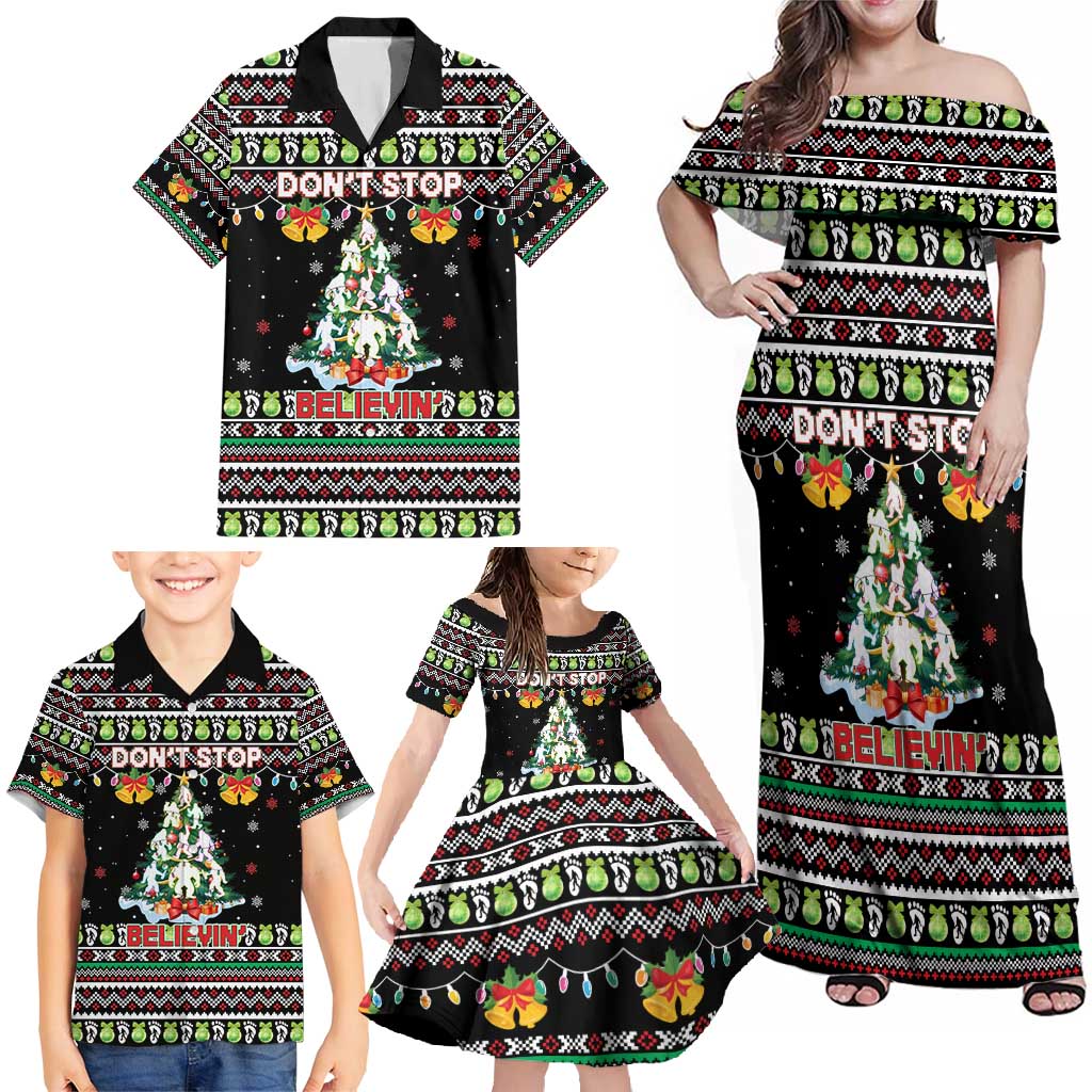 Christmas Unicorn Family Matching Off Shoulder Maxi Dress and Hawaiian Shirt with Don't Stop Believin Quote Tree Lights and Festive - Wonder Print Shop