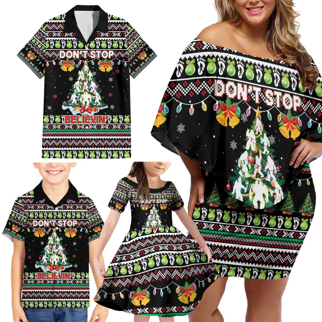 Christmas Unicorn Family Matching Off Shoulder Short Dress and Hawaiian Shirt with Don't Stop Believin Quote Tree Lights and Festive - Wonder Print Shop